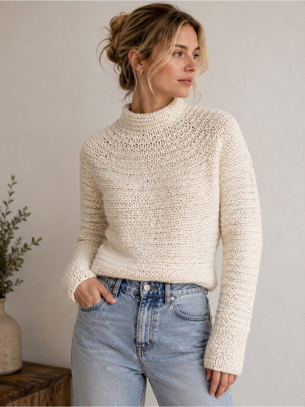 GAP Lambswool Angora Chunky Knit Mock Neck Sweater Cream Y2K Runs Small Fitted